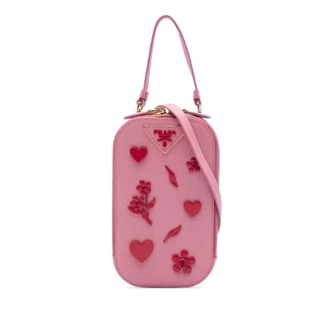 Pink Prada Embellished Saffiano Lux Phone Pouch Satchel in Pink Saffiano leather from Designer Revival