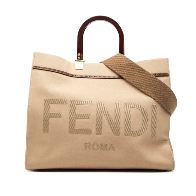 Brown Fendi Medium Canvas Sunshine Shopper Tote Satchel in Brown Canvas from Designer Revival