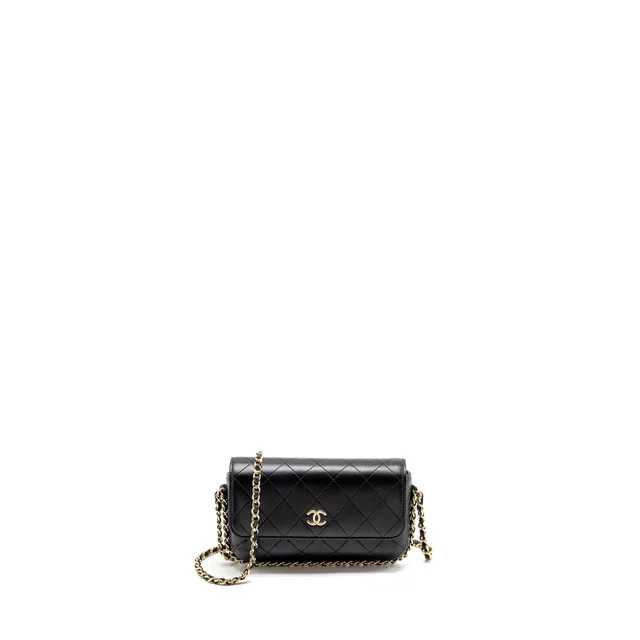 Chanel 22A Phone Case/Mini Wallet on Chain Lambskin Black LGHW (Microchip) in Black Lambskin from EMIER