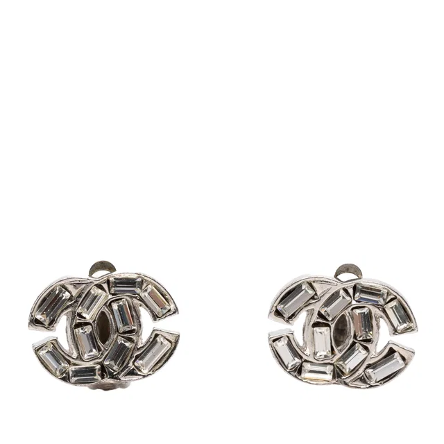 Silver Chanel CC Brass and Strass Clip On Earrings in Silver from Designer Revival