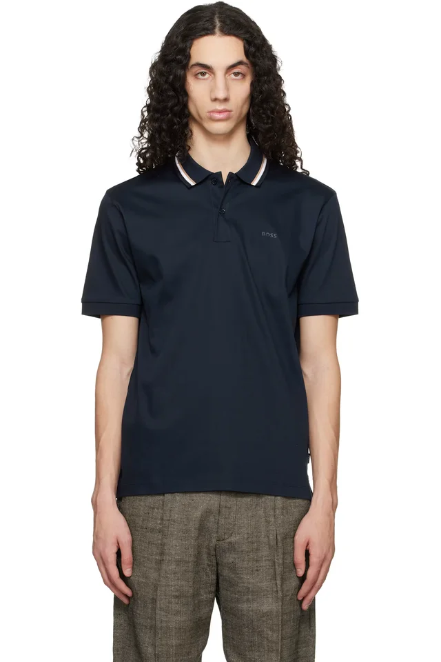 BOSS Navy Striped-Collar Slim-Fit Cotton Logo Polo, image 1 of 1 from SSENSE