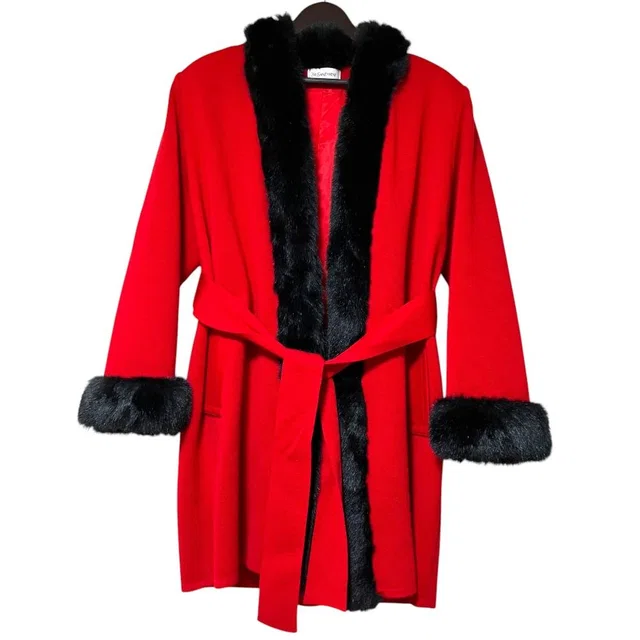 Saint Laurent Vintage Faux Fur Trim Knit Belted Coat Red Black Autumn Winter M in Black from The Reluxe