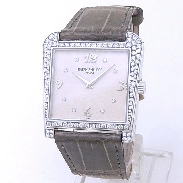 Patek Philippe Calatrava Hand Wind Diamond Grey Dial Ladies Watch 4888G in gold|white|gray Leather from Jomashop.com