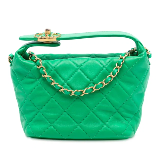 Green Chanel Small Quilted Lambskin Perfect Meeting Hobo Satchel in Green Lambskin from Designer Revival