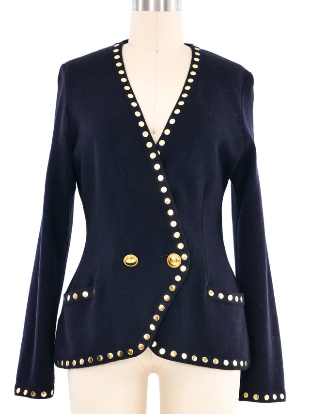 Escada Navy Studded Cardigan in Navy Wool from Arcade Vintage