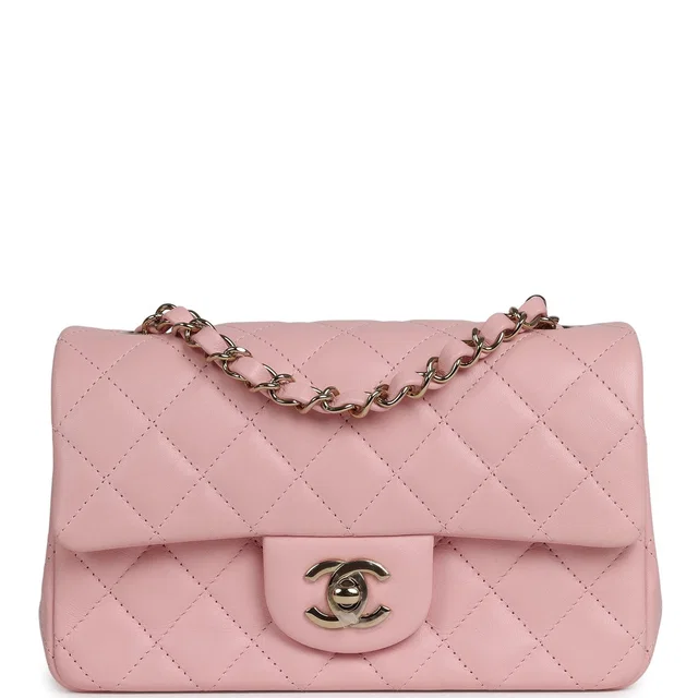 Chanel Mini Classic Rectangular Flap Bag Light Pink Lambskin Light Gold Hardware in Pink Lambskin from Madison Avenue Couture