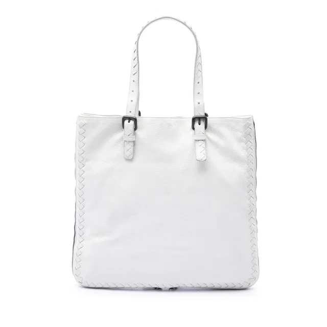 White Bottega Veneta Intrecciato Trimmed Cervo Zip Around Expandable Tote in White Woven leather from Designer Revival