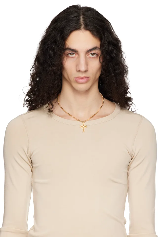 Emanuele Bicocchi Gold Beaded Chain Notre-Dame Cross Necklace, photo 2 of 2 from SSENSE