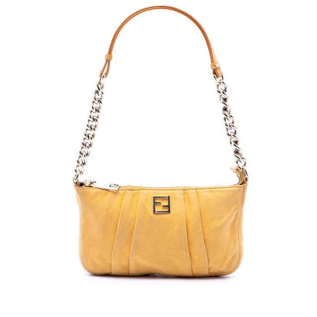 Yellow Fendi Pleated Nubuck FF Chain Pochette Shoulder Bag in Yellow Suede from Designer Revival