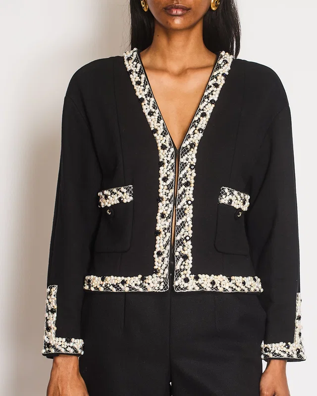Chanel 20 Pre-Fall Black Jacket with Stones and Pearl Embellished Collar and Cuff Detail with CC… in Black from Sellier