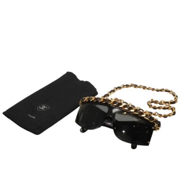 Chanel Chain Sunglasses Eyewear CC Logo Black Gold Vintage in Black Leather from The Reluxe