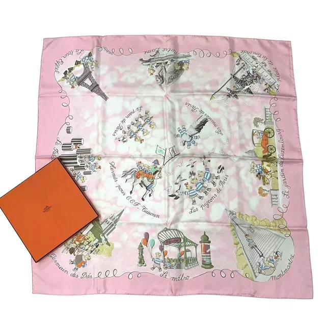 Hermès Scarf Silk Carre 90 les Triples de Paris Mischievous Triplets Pink in Pink Silk from The Reluxe