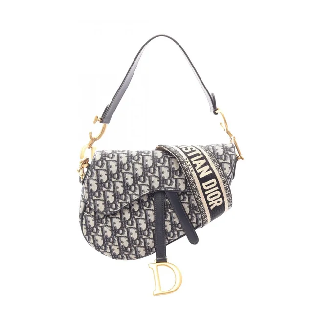 Dior Saddle Bag Oblique Jacquard 2-Way Navy Ivory Canvas Leather in White Canvas from The Reluxe