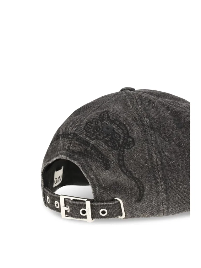 GANNI B3020214 Embroidered Denim Baseball Cap — Black Recycled Polyester Caps in Black Denim from HEWI