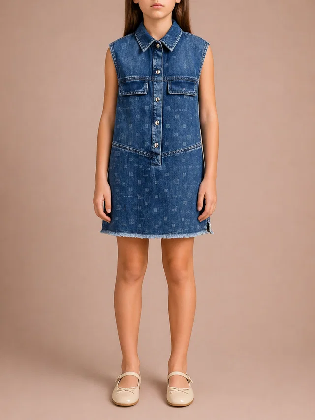 Givenchy Kids Blue Denim Sleeveless Dress with Logo Prints and Back Leather Detail Size 8 years in Blue Denim from Sellier