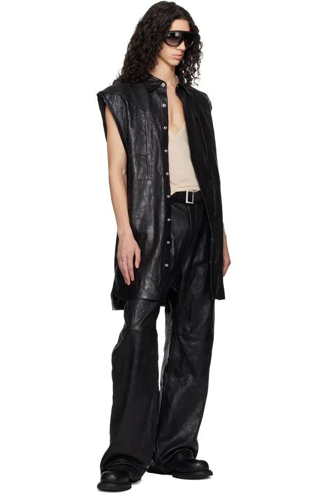 Rick Owens Black Temple Jumbo Outshirt Leather Vest, photo 4 of 4 from SSENSE