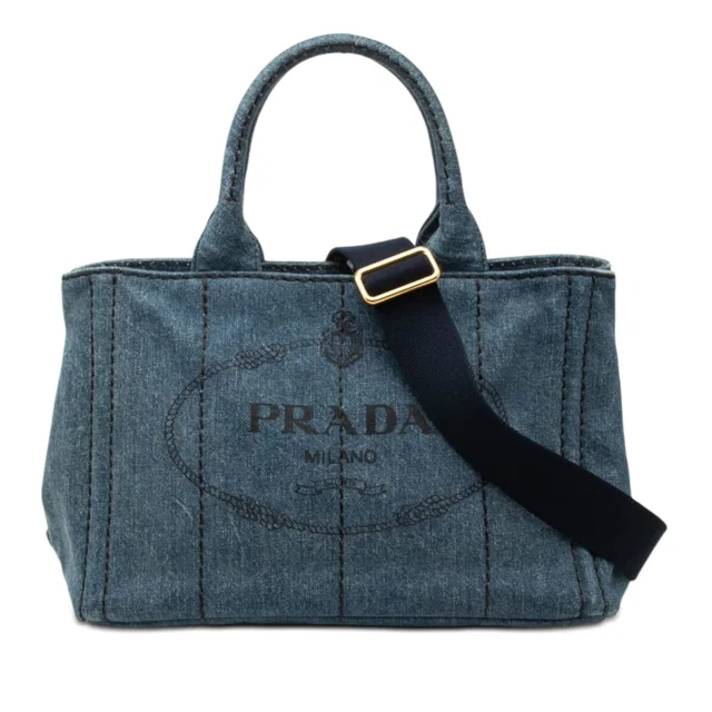 Blue Prada Small Denim Canapa Logo Satchel in Blue Denim from Designer Revival