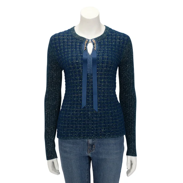 Chanel Lurex Knit Chain Drawstring Sweater FR 38 in Blue & Gold from Blue Spinach