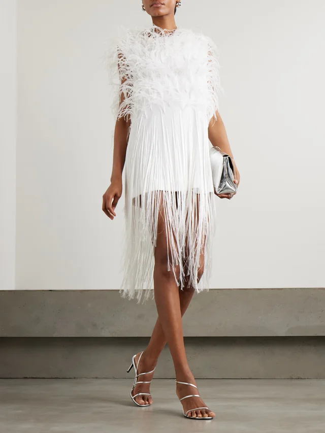 SHARON WAUCHOB Ros feather-embellished fringed silk-tulle mini dress in White, photo 2 of 2 from NET-A-PORTER (Canada)