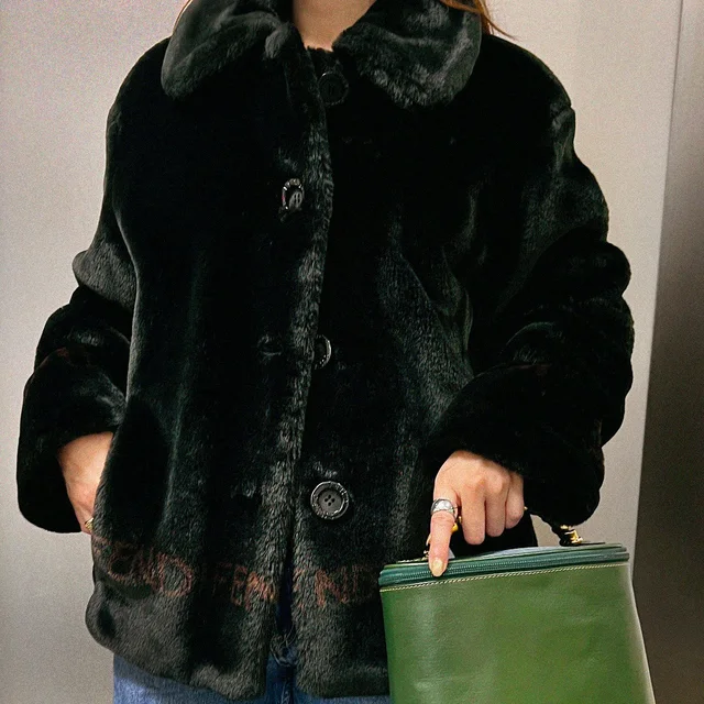 Fendi Faux Fur Logo Jacket #42 Black in Black Resin from VINTAGE QOO TOKYO
