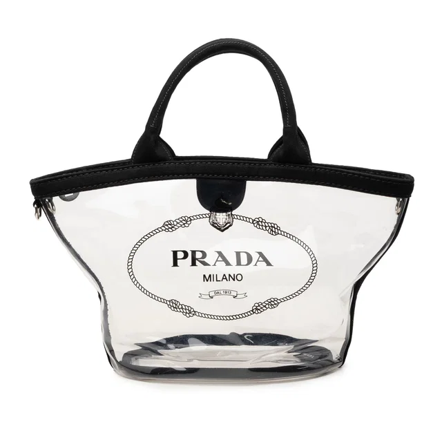 Black Prada PVC Canapa Logo Tote Satchel in Black Canvas from Designer Revival