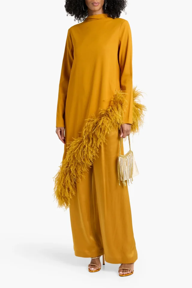 Lapointe Asymmetric Feather-Trimmed Crepe Tunic in Saffron, photo 2 of 4 from THE OUTNET