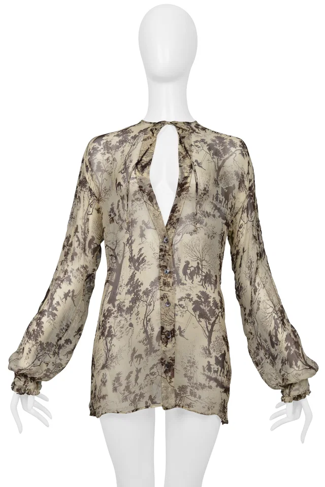 Dolce & Gabbana Silk Blouse With Brown Pictorial Print With Ties in Brown Silk from Resurrection Vintage