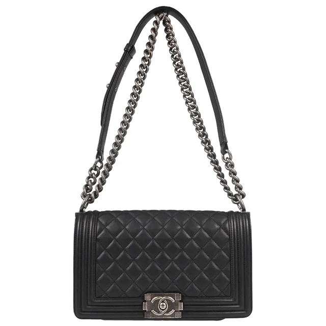 Boy Chanel 2017-2018 Black Lambskin Medium Chain Shoulder Bag in Black Lambskin from AMORE Vintage Tokyo