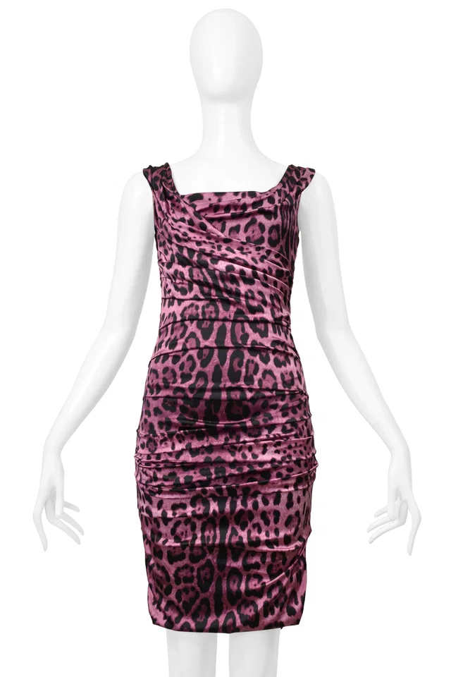 Dolce & Gabbana Pink Leopard Ruched Dress in Pink Silk from Resurrection Vintage