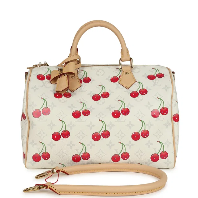 Louis Vuitton X Takashi Murakami Soft Speedy Bandouliere 30 Cherry White Monogram Gold Hardware in White Denim from Madison Avenue Couture