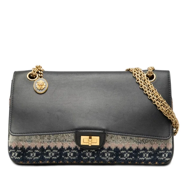 Black Chanel Smooth Calfskin and Knit Reissue 2.55 Medallion Nude Double Flap 226 Shoulder Bag in Black Calfskin from Designer Revival