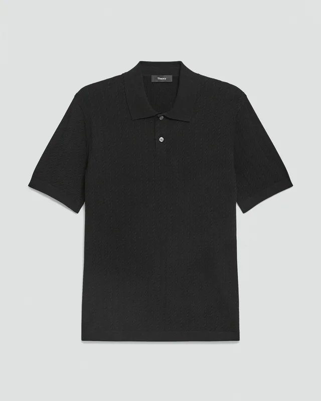 Theory Soris Cable-Knit Polo Shirt in Light Bilen in BLACK 62% Viscose, 38% Polyester; Exclusive Of Elastic, photo 7 of 14 from Theory