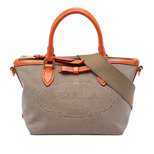 Beige Prada Canvas Canapa Logo Bow Satchel in Beige Canvas from Designer Revival
