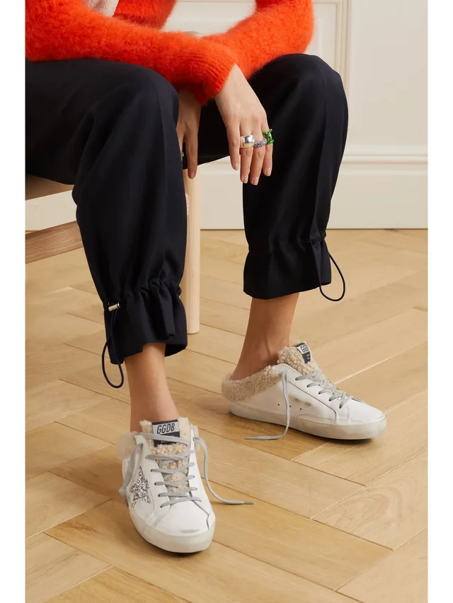 GOLDEN GOOSE Superstar Sabot shearling-lined distressed glittered leather slip-on sneakers in White, photo 2 of 2 from NET-A-PORTER (Canada)