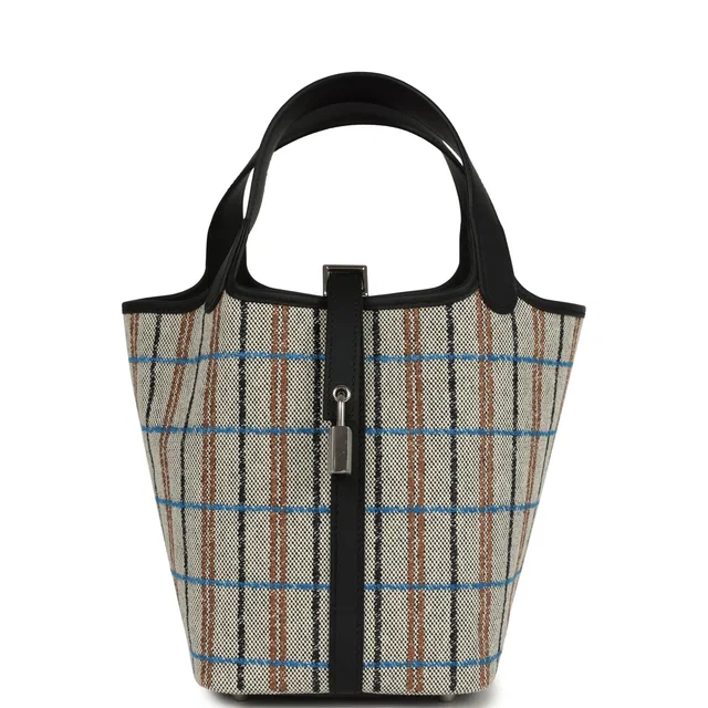 Hermès Picotin Lock 18 Black Swift and Ecru, Bleu, Black and Fauve Toile H Canvas Palladium Hardware in Black Swift leather from Madison Avenue Couture