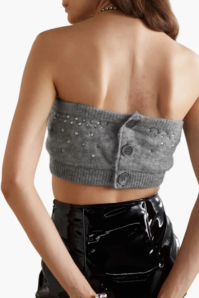 Alessandra Rich Cropped Crystal-Embellished Knitted Tube Top in Grey, photo 3 of 4 from THE OUTNET
