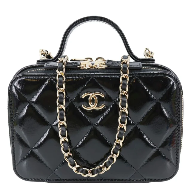 Chanel CC Double Zip Quilted Glazed Lambskin Leather Top Handle Vanity Case Black in Black Lambskin from Dallas Designer Handbags