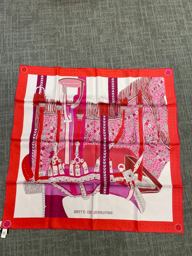 Hermès Silk 90-30 – Garden Tools Motif in Pink, Red, and Ivory in White Silk from Luxury Promise