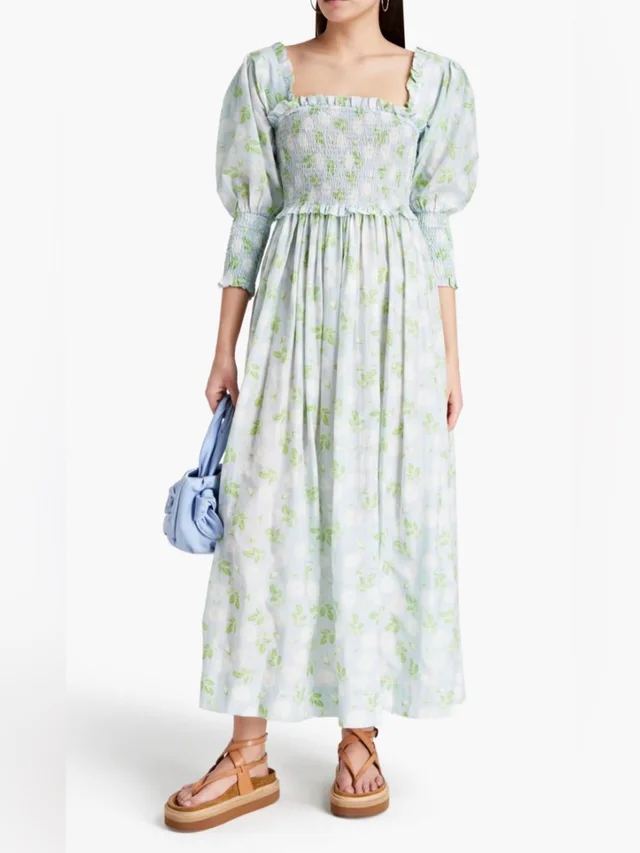 GANNI Size 14 (Dk 44) Blue, White, & Green Long Sleeve Floral Smocked Maxi Dress in green|blue from Poshmark