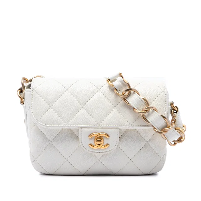 White Chanel Mini CC Quilted Caviar Messenger Flap Crossbody Bag in White Caviar leather from Designer Revival
