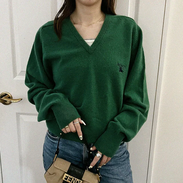 Burberry Logo embroidered V-neck long-sleeve knit top #40 Green in Green Wool from VINTAGE QOO TOKYO