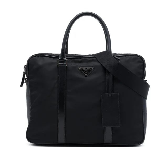 Black Prada Saffiano Trimmed Tessuto Business Bag in Black Saffiano leather from Designer Revival
