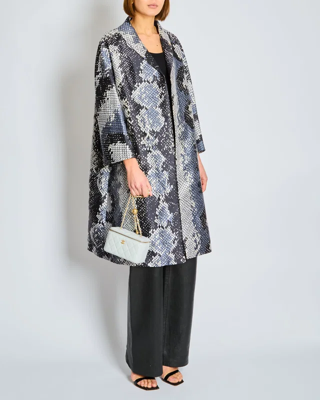 Prada Grey, Black, and Blue Snake Print Coat Size IT 38 (UK 6) in Black Silk from Sellier