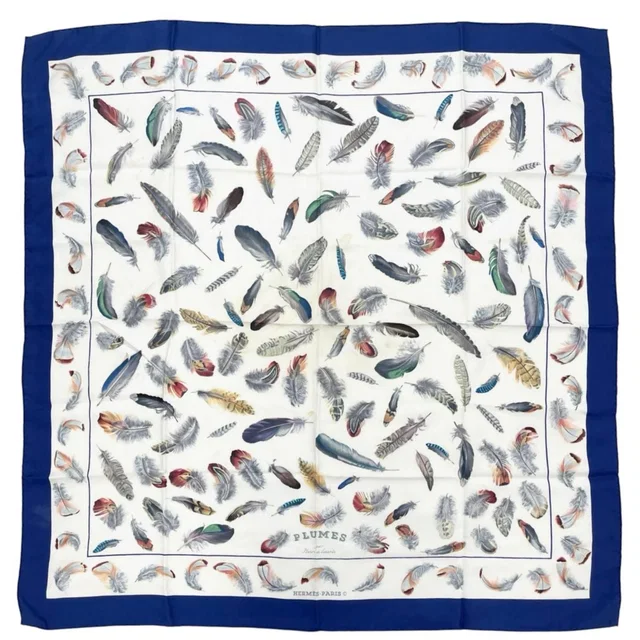 Hermès Carre 90 Plumes Scarf Silk Blue Feather Pattern in Blue Silk from The Reluxe
