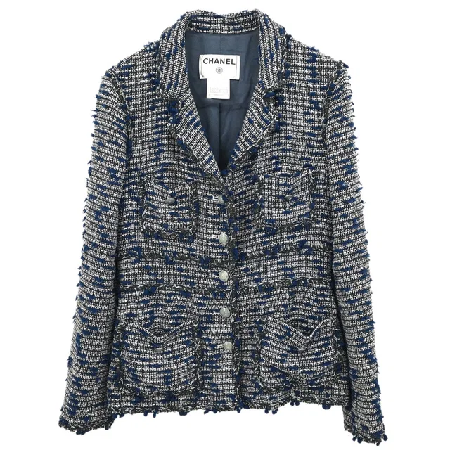 Chanel 2007 Single Breasted Sequins Tweed Jacket Blue #38 in Blue Tweed from AMORE Vintage Tokyo