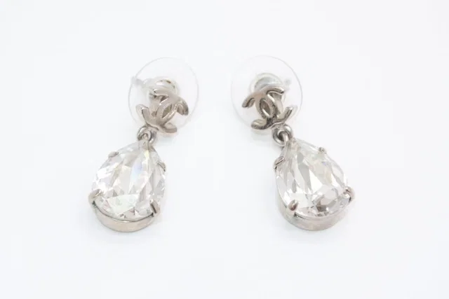 Chanel CC Logo Drop Shape Large Rhinestone Earrings Metal from The Reluxe