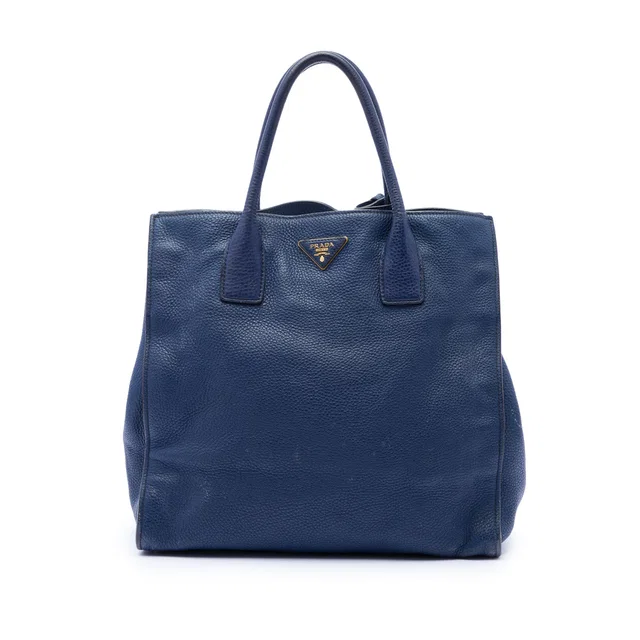Blue Prada Vitello Daino Open Convertible Tote Satchel in Blue Leather from Designer Revival
