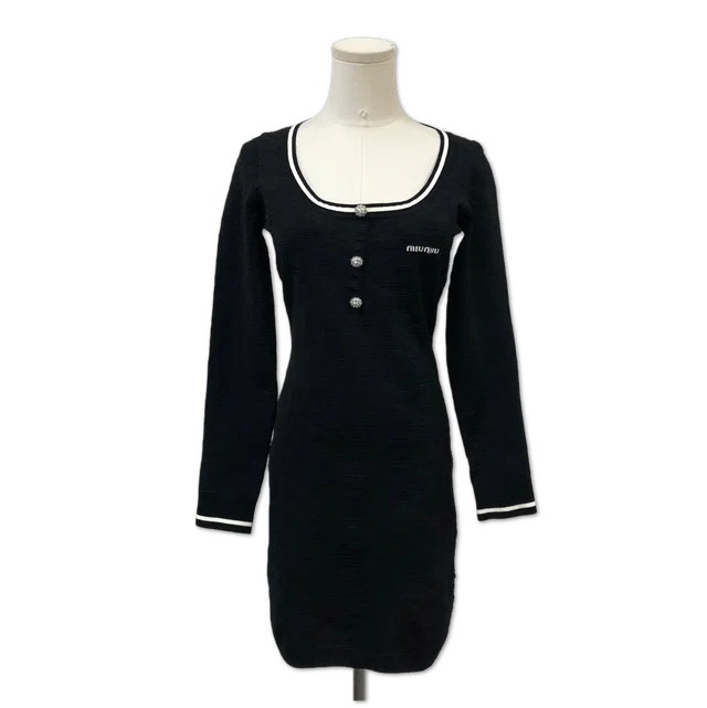 Miu Miu Black Scoop-Neck Crystal-Button Knit Mini Dress size 40 in Black from Luxury Promise
