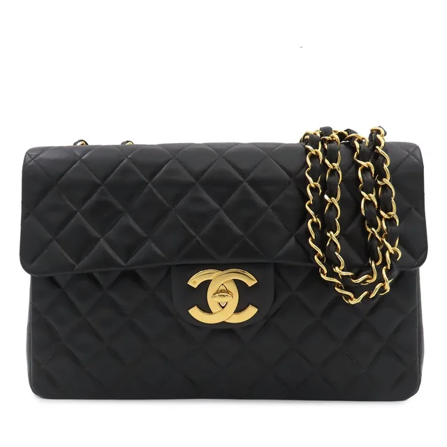 Chanel Chain Shoulder Bag Maxi Quilted 34 Black Gold Lambskin in Black Lambskin from The Reluxe