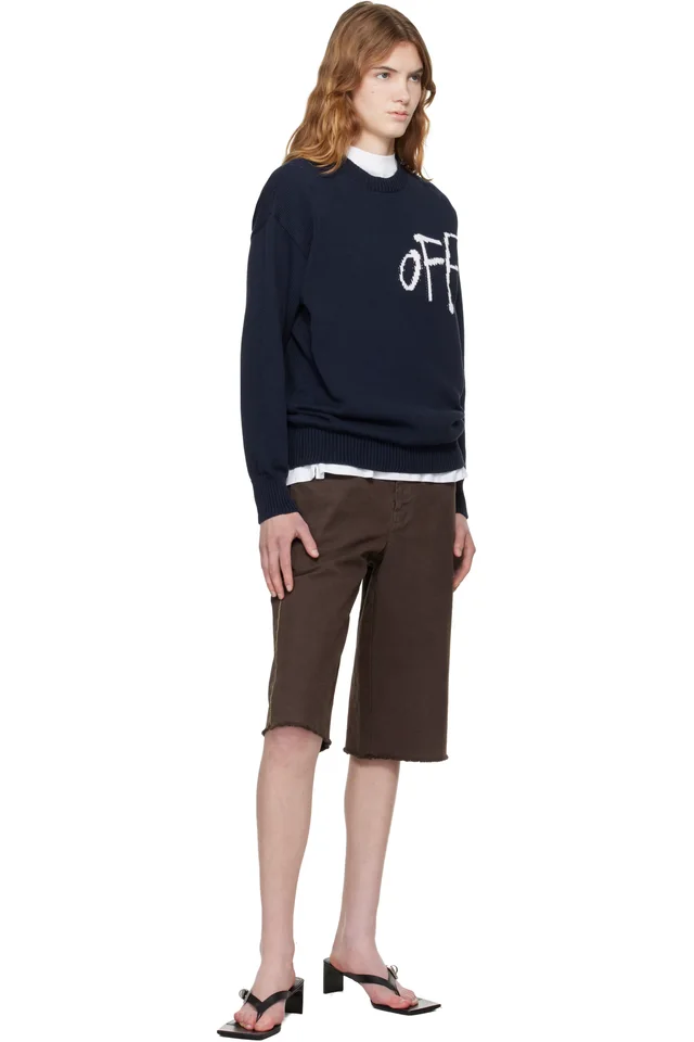 Off-White Navy Bookish Shared Cotton Knit Crewneck Sweater, photo 4 of 4 from SSENSE